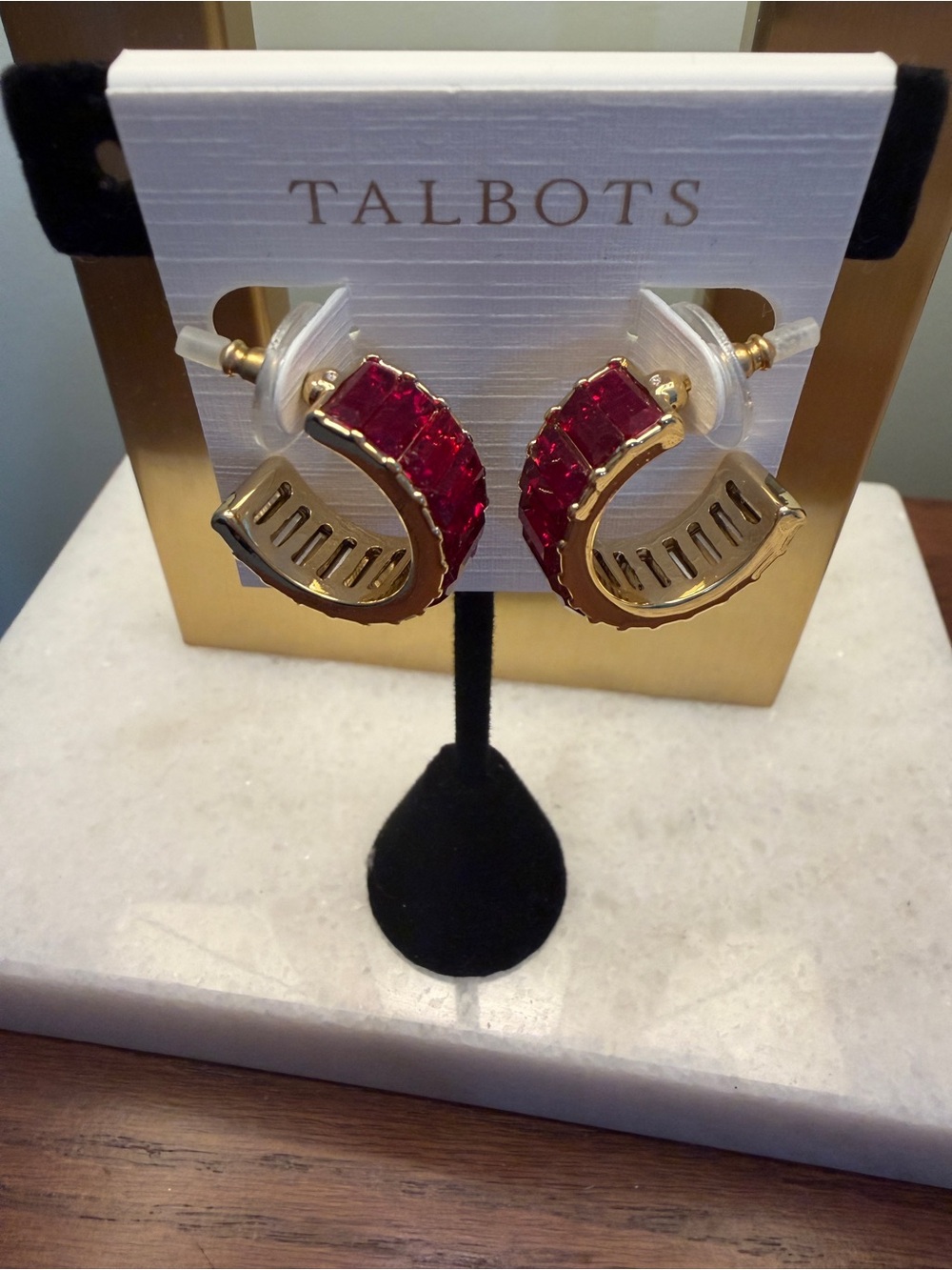 Talbots Gold Hoop Earrings with Ruby-Red Stones